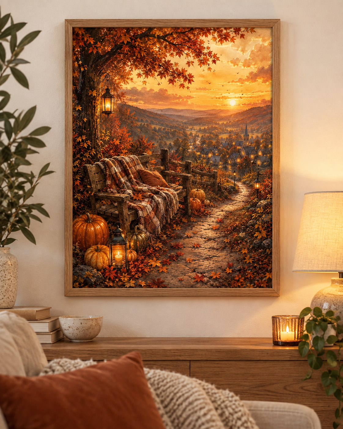 Autumn Village Sunset Art Print – Cosy Pumpkin & Lantern Wall Art