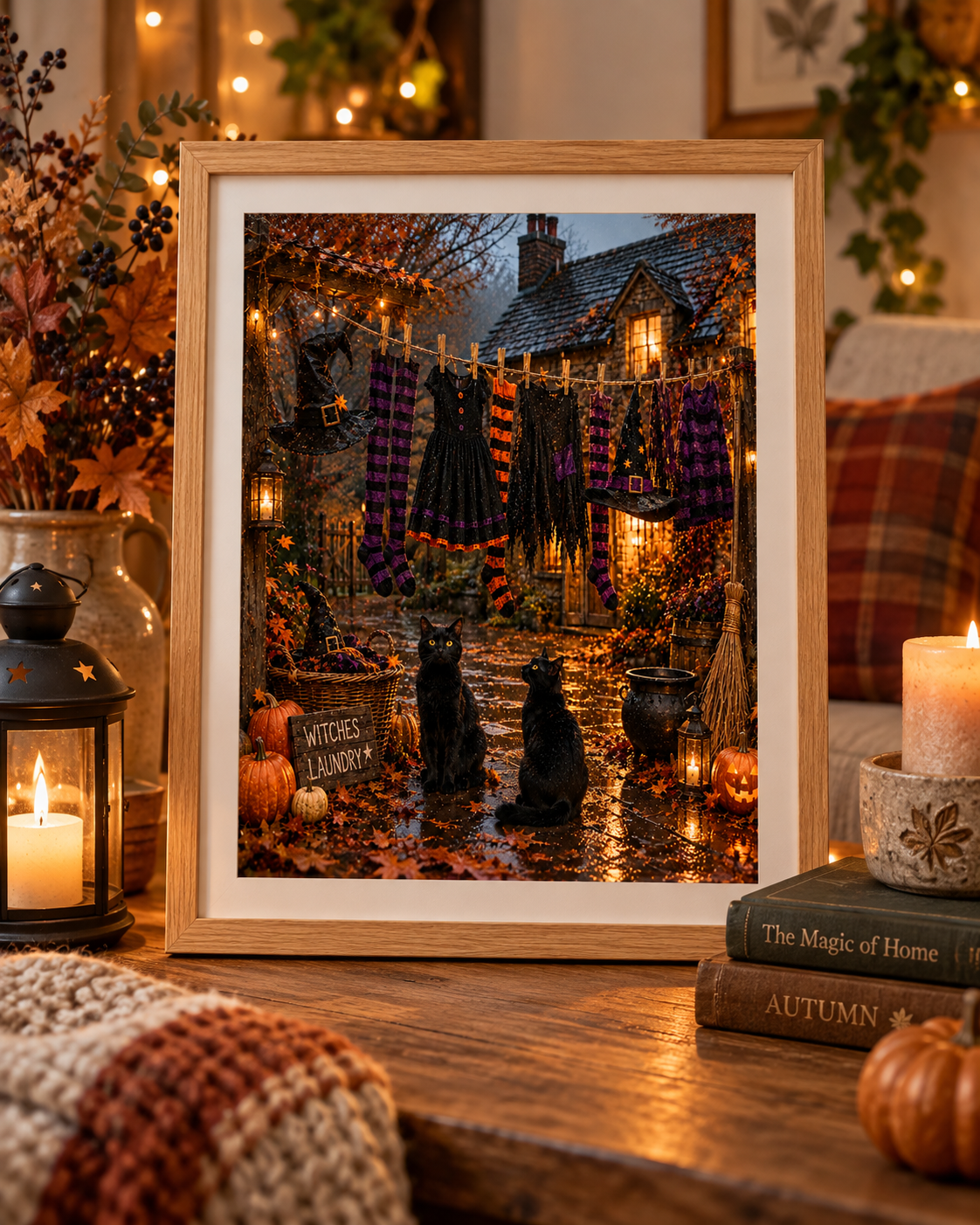 Witches Laundry Halloween A4 Print – Black Cats, Pumpkins & Witchy Autumn Wall Art