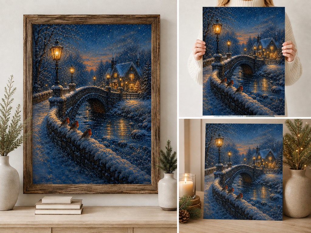 Snowy Winter Bridge & Robins Art Print – Cosy Winter Village Wall Ar
