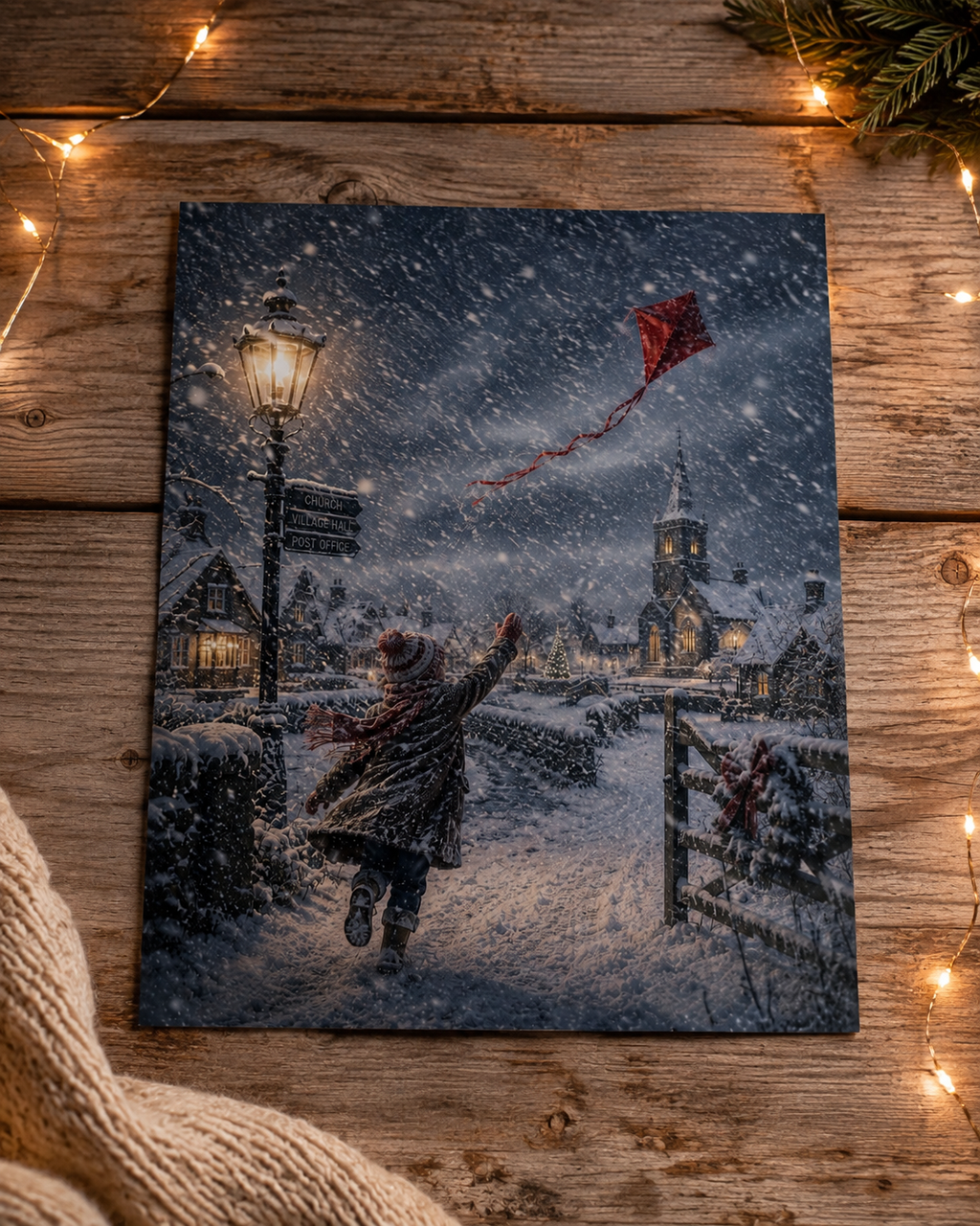 Winter Village Red Kite A4 Art Print – Snowy Christmas Scene