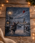 Winter Village Red Kite A4 Art Print – Snowy Christmas Scene