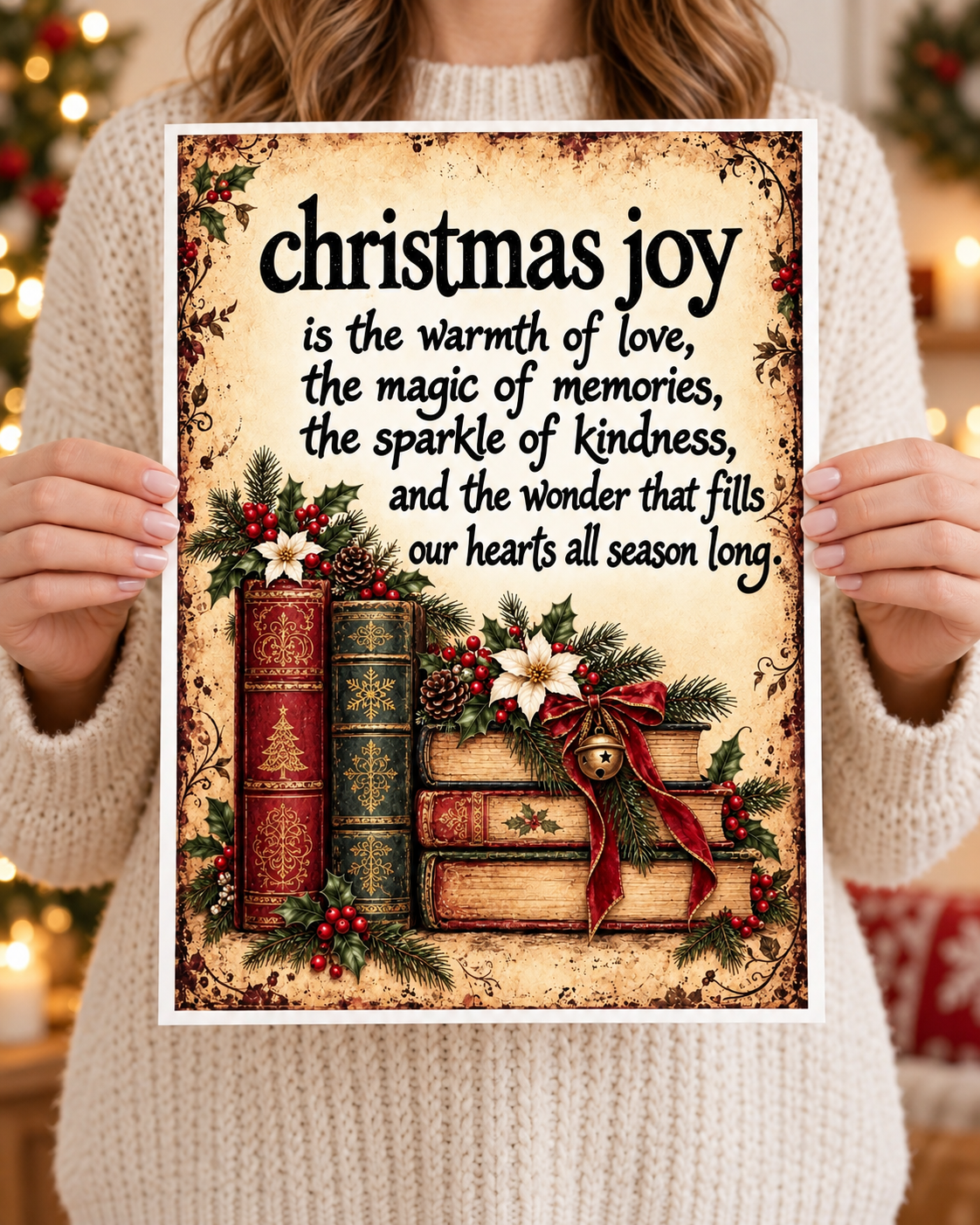Christmas Joy Vintage Book & Holly A4 Art Print – Festive Christmas Quote Wall Decor