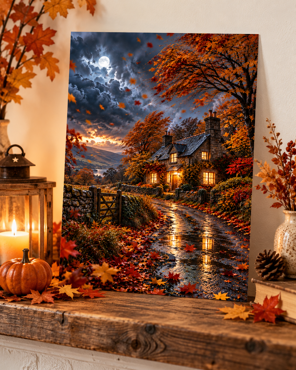 Autumn Cottage A4 Art Print – Moonlit Country Lane & Falling Leaves Wall Decor