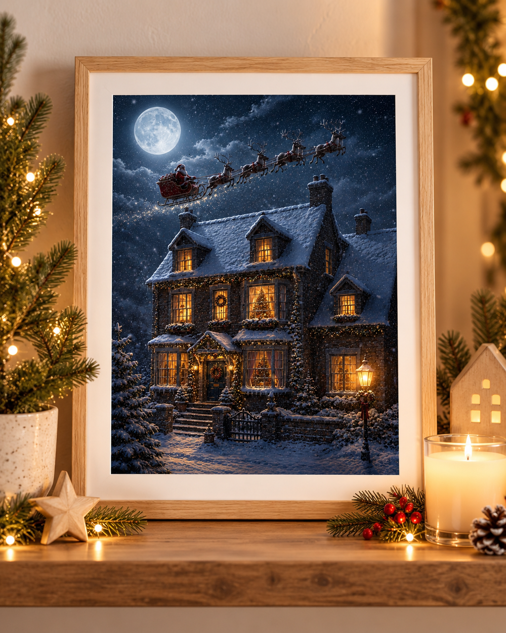 Santa Flying Over Snowy Christmas Cottage A4 Print – Cosy Winter Wall Art