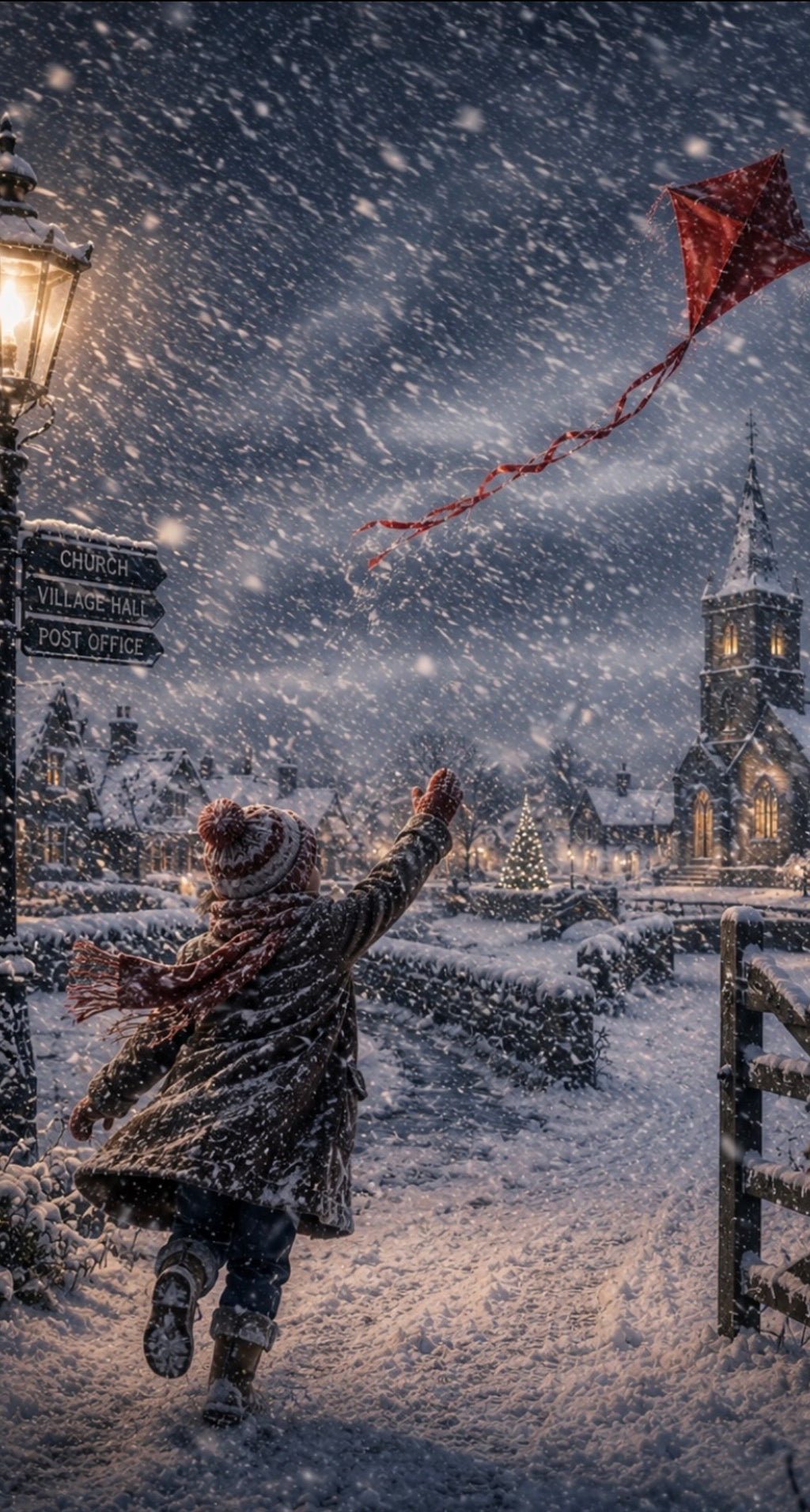 Winter Village Red Kite A4 Art Print – Snowy Christmas Scene