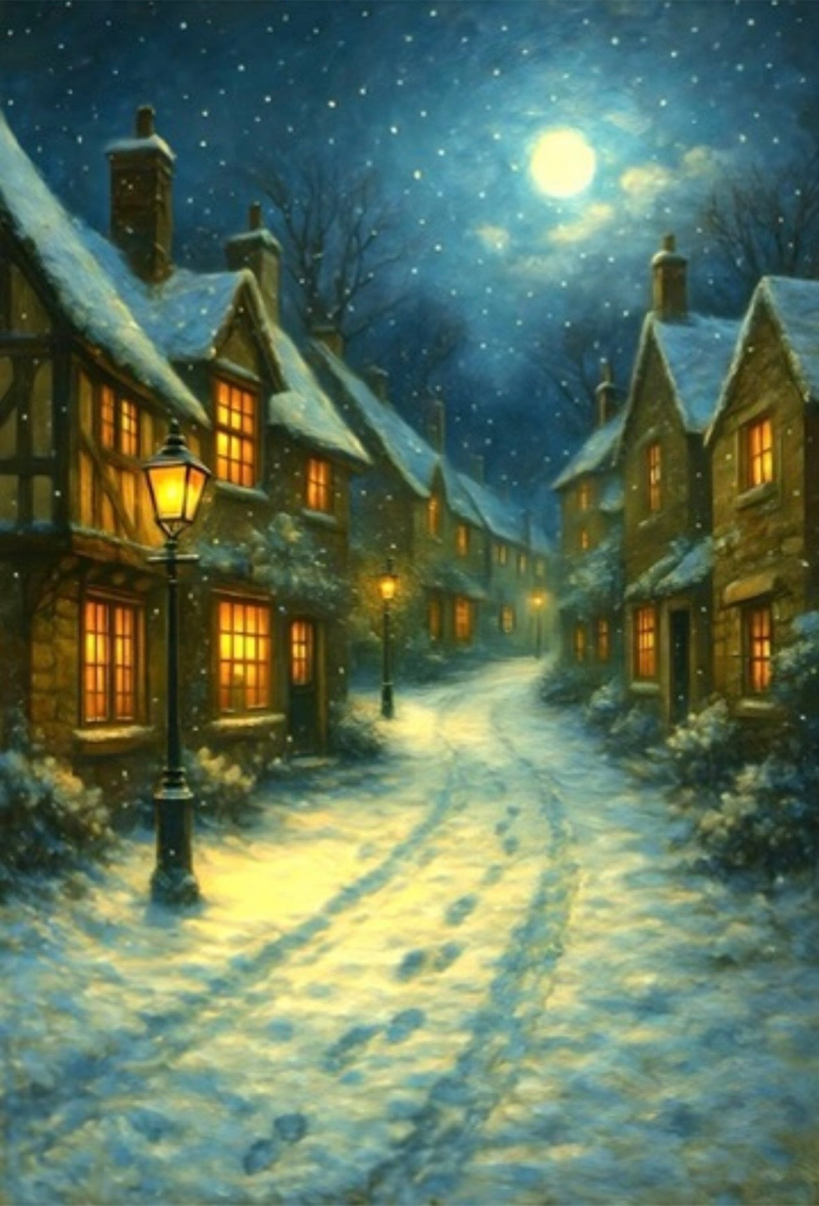 Cosy Snowy Village Art Print, Winter Night Wall Art, Rustic Cottage Christmas Decor