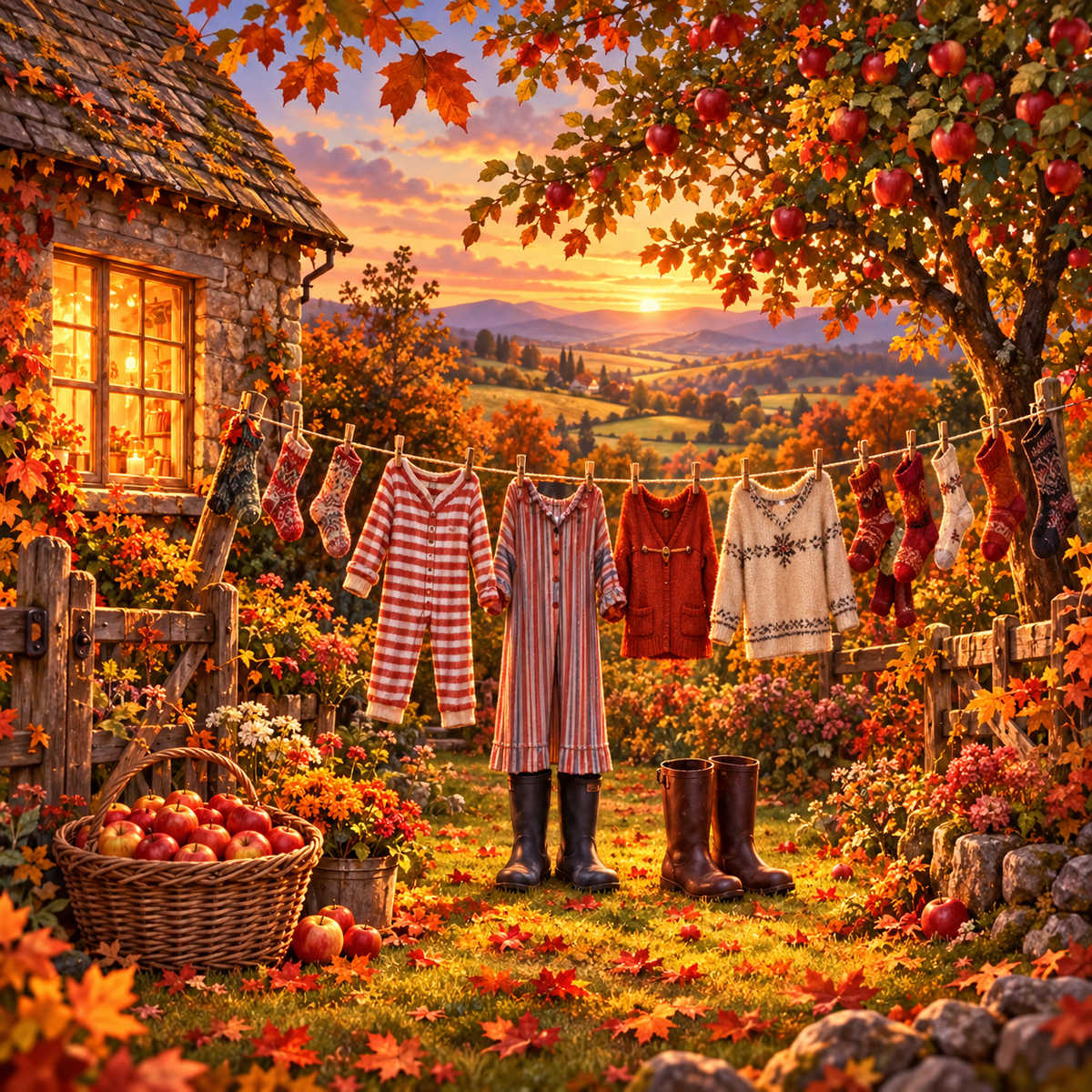 Autumn Cottage Washing Line A4 Art Print – Cosy Country Garden Wall Decor
