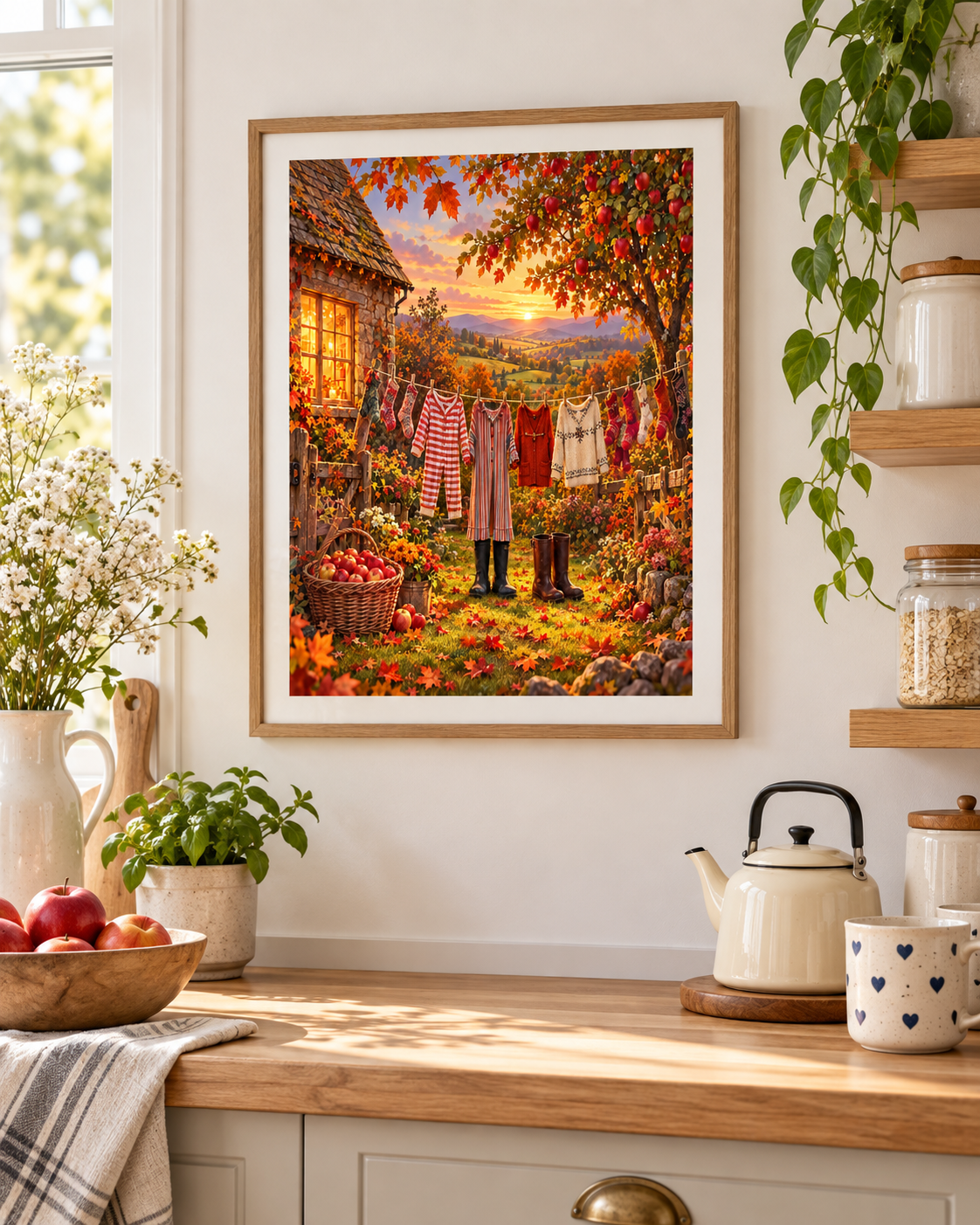 Autumn Cottage Washing Line A4 Art Print – Cosy Country Garden Wall Decor