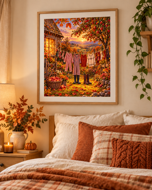 Autumn Cottage Washing Line A4 Art Print – Cosy Country Garden Wall Decor
