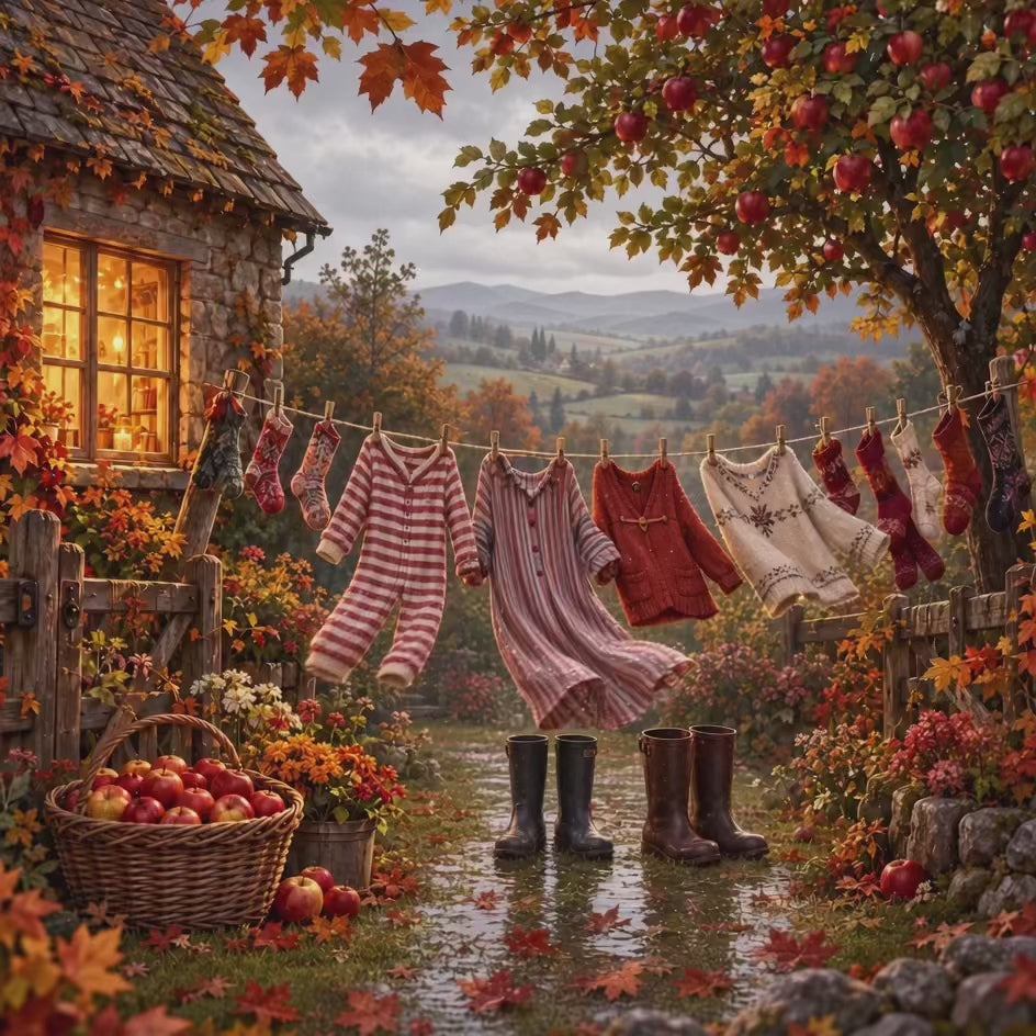 Autumn Cottage Washing Line A4 Art Print – Cosy Country Garden Wall Decor